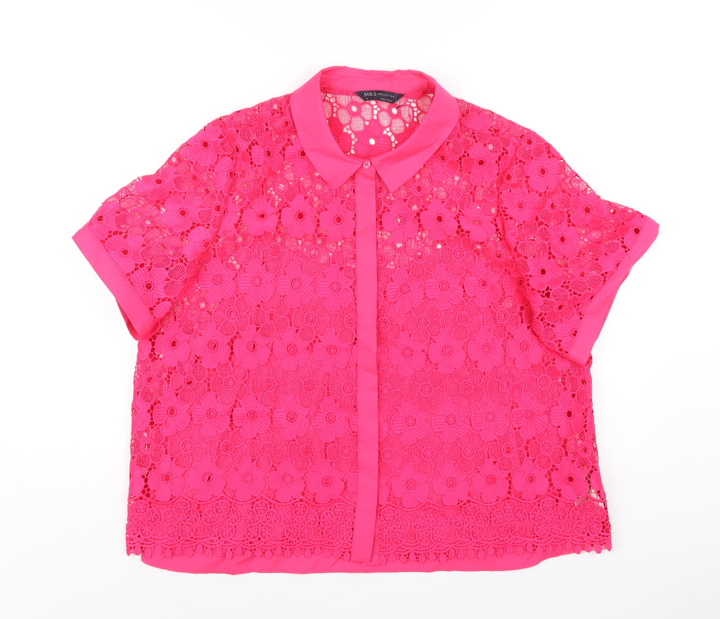 Marks and Spencer Womens Pink Polyester Basic Button-Up Size 16 Collared