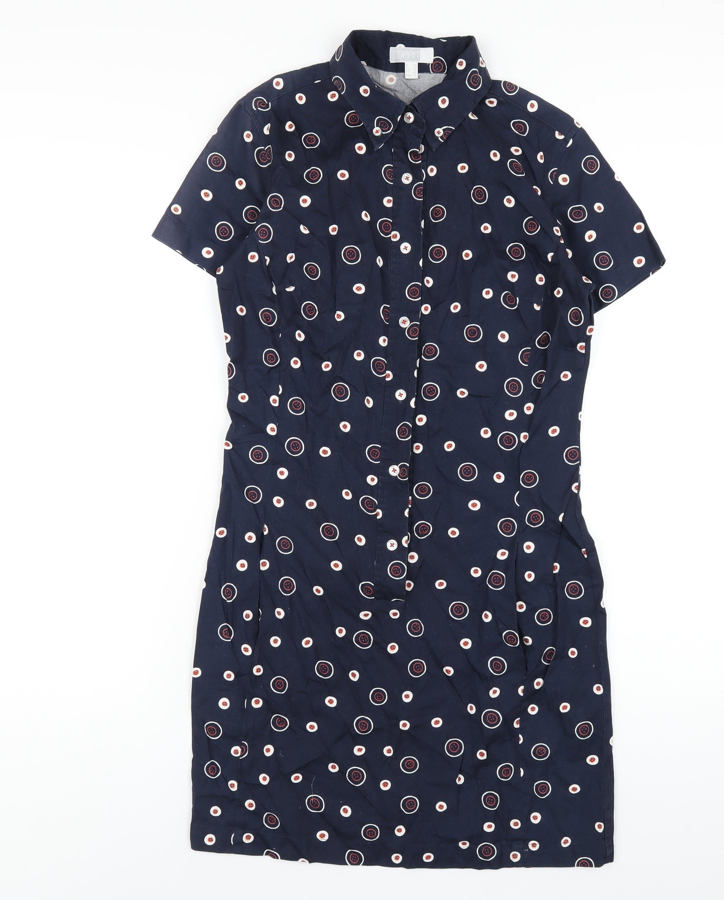 Esprit Womens Blue Geometric Cotton Shirt Dress Size 12 Collared Button