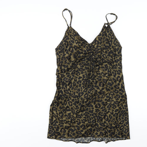 Zara Womens Green Animal Print Viscose Slip Dress Size M V-Neck Pullover - Leopard Print