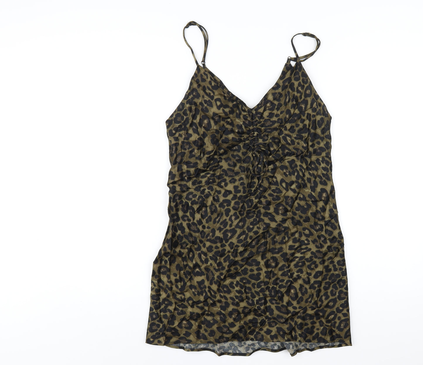Zara Womens Green Animal Print Viscose Slip Dress Size M V-Neck Pullover - Leopard Print