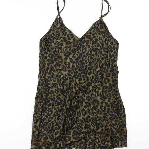 Zara Womens Green Animal Print Viscose Slip Dress Size M V-Neck Pullover - Leopard Print