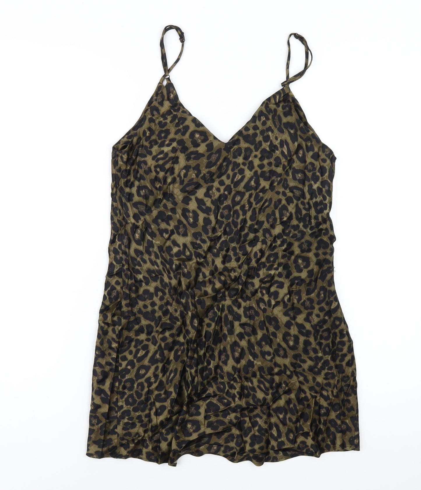 Zara Womens Green Animal Print Viscose Slip Dress Size M V-Neck Pullover - Leopard Print