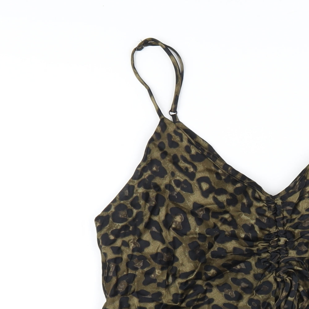 Zara Womens Green Animal Print Viscose Slip Dress Size M V-Neck Pullover - Leopard Print