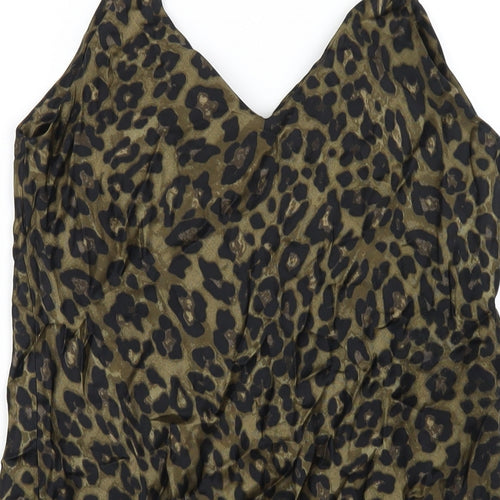 Zara Womens Green Animal Print Viscose Slip Dress Size M V-Neck Pullover - Leopard Print