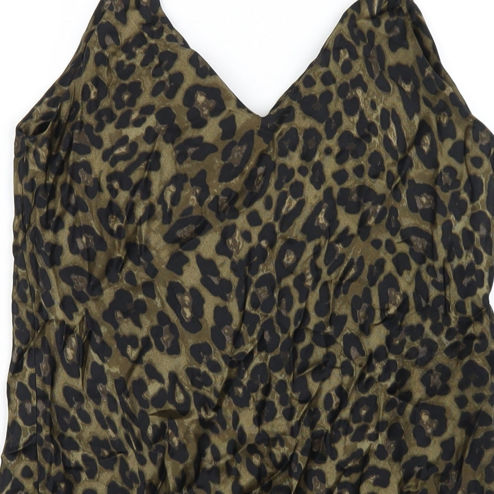 Zara Womens Green Animal Print Viscose Slip Dress Size M V-Neck Pullover - Leopard Print