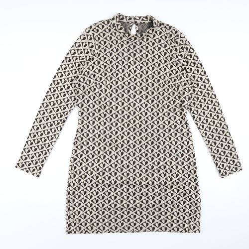 New Look Womens Beige Geometric Polyester Bodycon Size 12 Mock Neck Button