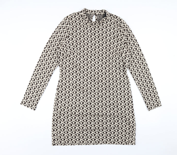 New Look Womens Beige Geometric Polyester Bodycon Size 12 Mock Neck Button