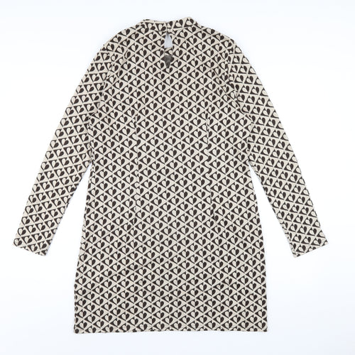 New Look Womens Beige Geometric Polyester Bodycon Size 12 Mock Neck Button