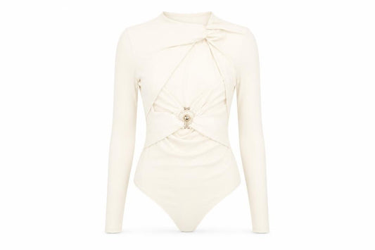 Front view of ASOS women’s ivory polyester bodysuit one-piece, size UK 6, snap