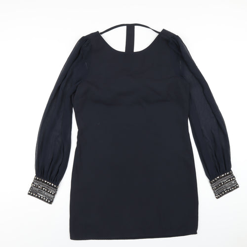 Warehouse Womens Black Polyester A-Line Size 10 Boat Neck Pullover - Beaded Trims