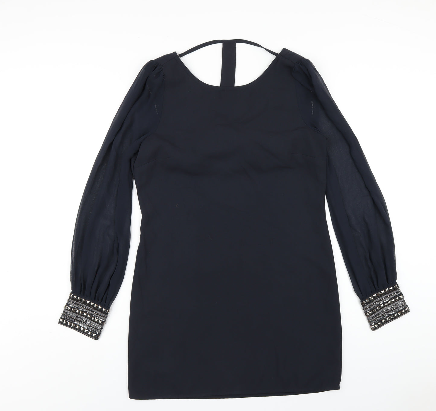 Warehouse Womens Black Polyester A-Line Size 10 Boat Neck Pullover - Beaded Trims