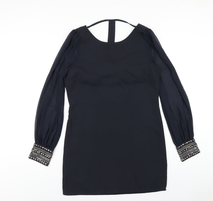 Warehouse Womens Black Polyester A-Line Size 10 Boat Neck Pullover - Beaded Trims