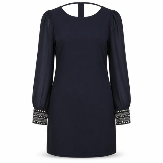 Front view of Warehouse women’s black polyester a-line, size UK 10, boat neck pullover - beaded trims