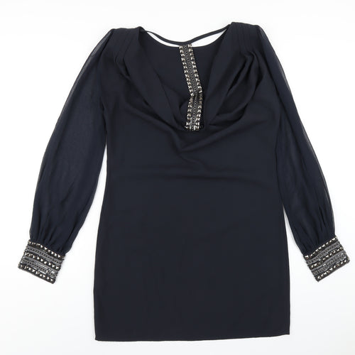 Warehouse Womens Black Polyester A-Line Size 10 Boat Neck Pullover - Beaded Trims