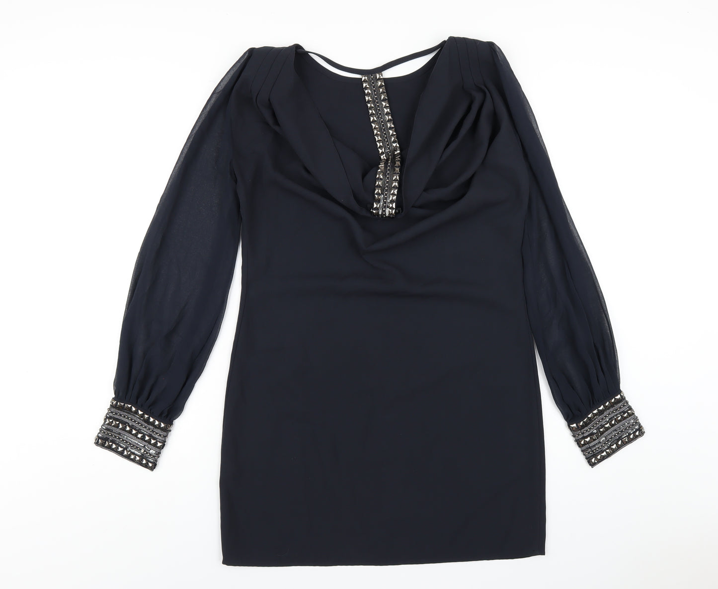 Warehouse Womens Black Polyester A-Line Size 10 Boat Neck Pullover - Beaded Trims