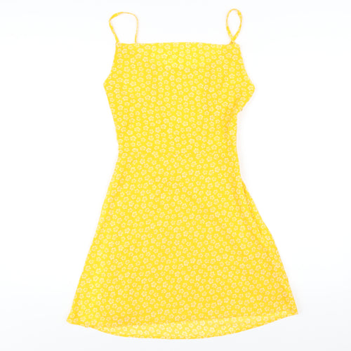 H&M Womens Yellow Floral Polyester A-Line Size 8 Square Neck Zip