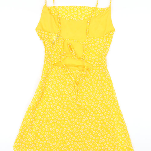 H&M Womens Yellow Floral Polyester A-Line Size 8 Square Neck Zip