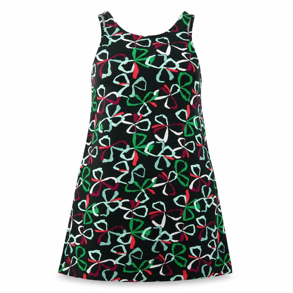 Front view of Next women’s multicoloured geometric viscose t-shirt dress, size M, round neck pullover