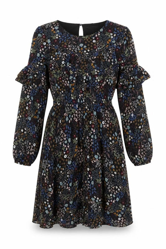 Front view of Yumi women’s multicoloured geometric polyester a-line, size UK 12, round neck button