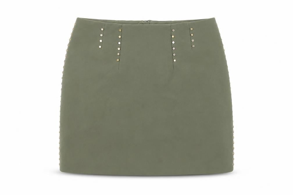 Front view of H&M women’s green polyester a-line skirt, size UK 10, zip