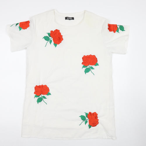 Missguided Womens White Polyester T-Shirt Dress Size 10 Round Neck Pullover - Embraided Flowers