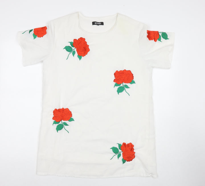 Missguided Womens White Polyester T-Shirt Dress Size 10 Round Neck Pullover - Embraided Flowers