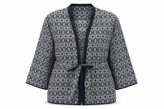 Front view of Marks & Spencer women’s blue geometric jacket blazer, size UK 20, tie