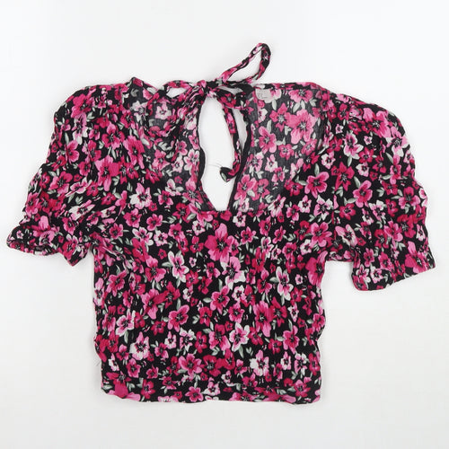 Divided by H&M Womens Pink Floral Viscose Cropped T-Shirt Size 8 V-Neck