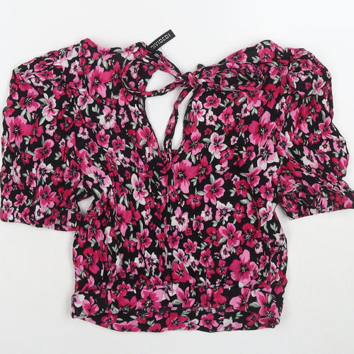 Divided by H&M Womens Pink Floral Viscose Cropped T-Shirt Size 8 V-Neck
