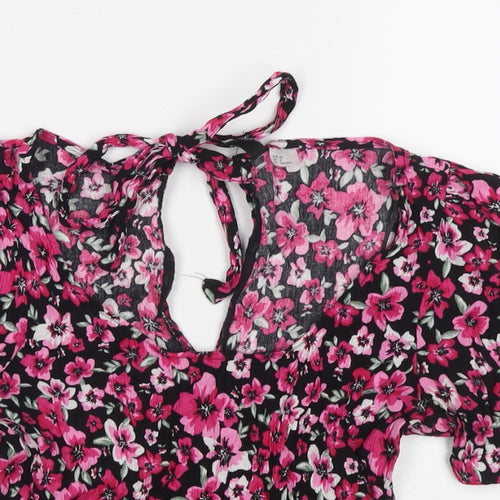Divided by H&M Womens Pink Floral Viscose Cropped T-Shirt Size 8 V-Neck