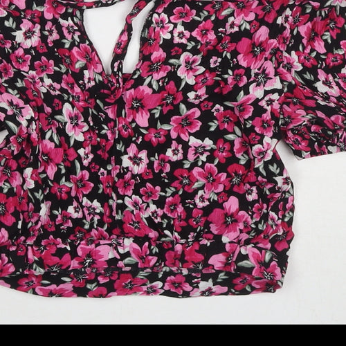 Divided by H&M Womens Pink Floral Viscose Cropped T-Shirt Size 8 V-Neck