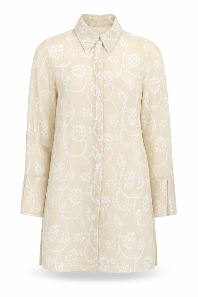 Front view of Next women’s beige floral polyester tunic button-up, size UK 14, roll neck