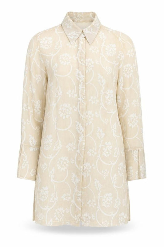 Front view of Next women’s beige floral polyester tunic button-up, size UK 14, roll neck