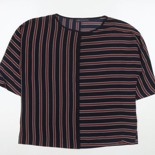 Marks and Spencer Womens Blue Striped Polyester Basic T-Shirt Size 10 Round Neck