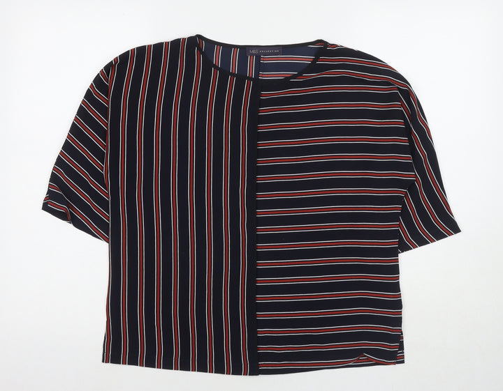 Marks and Spencer Womens Blue Striped Polyester Basic T-Shirt Size 10 Round Neck