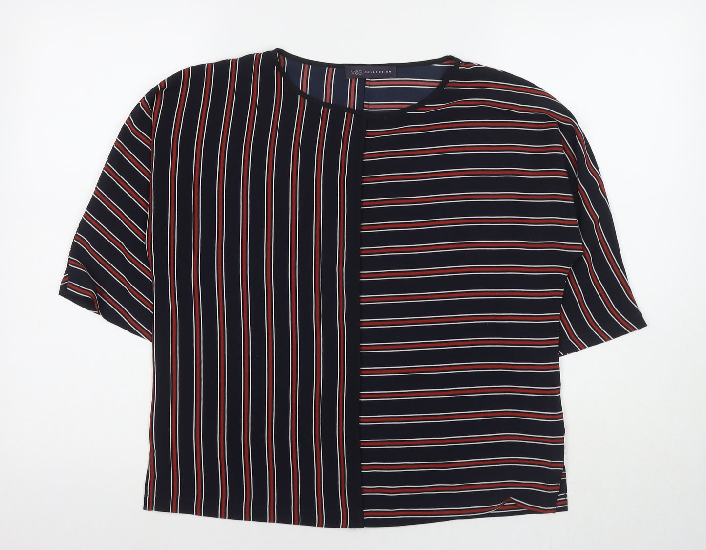 Marks and Spencer Womens Blue Striped Polyester Basic T-Shirt Size 10 Round Neck