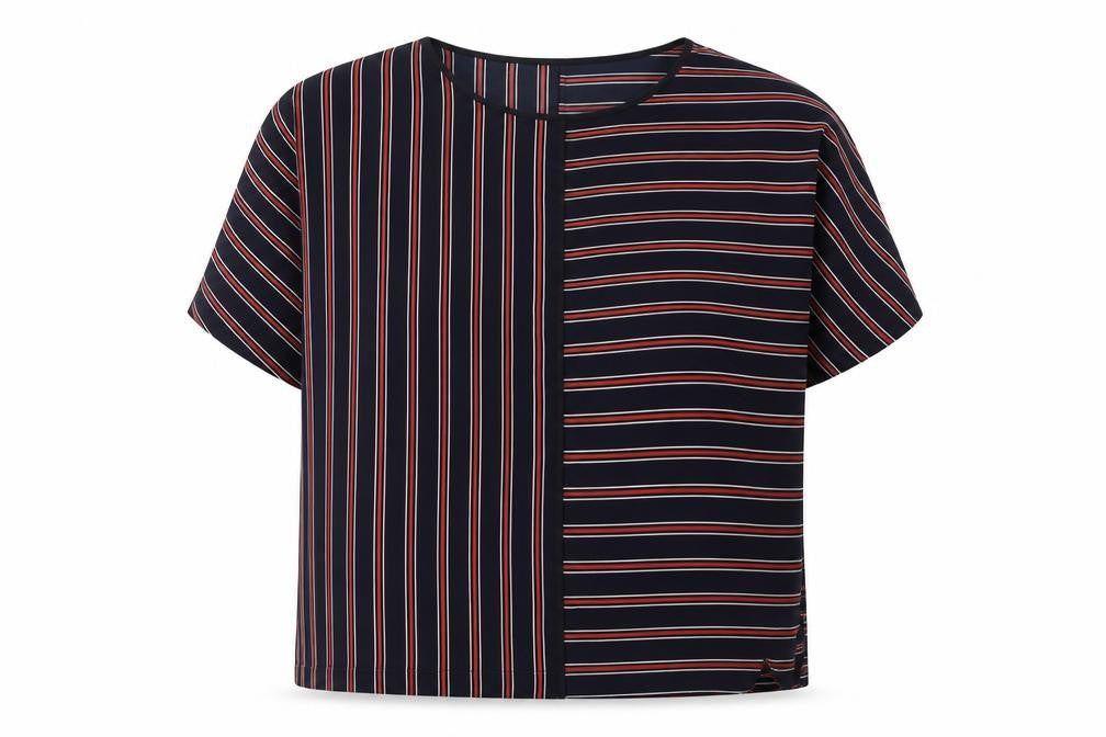 Front view of Marks & Spencer women’s blue striped polyester basic t-shirt, size UK 10, round neck