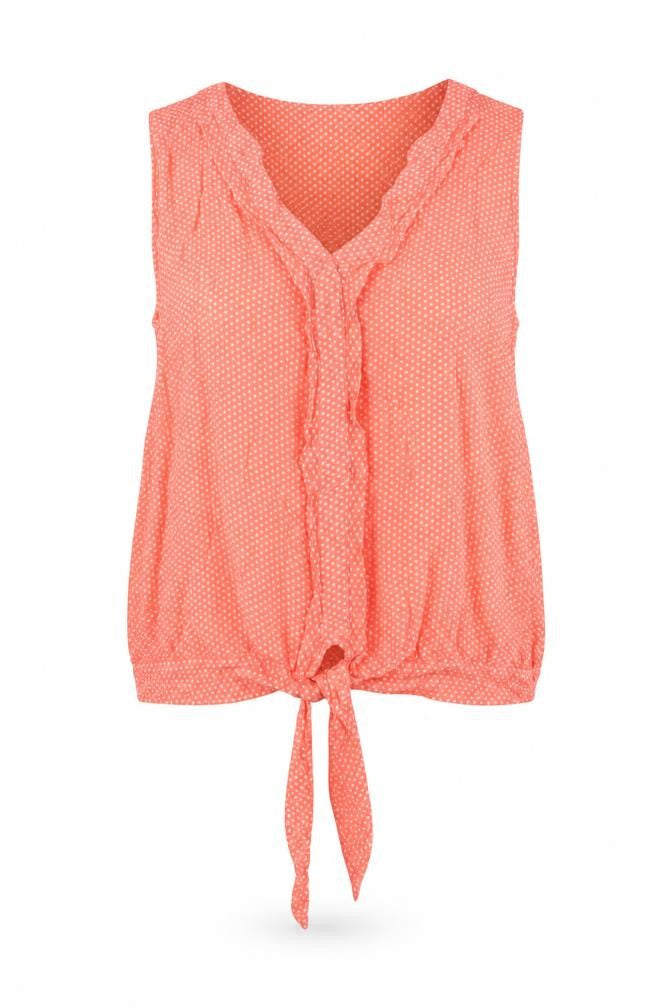 Front view of Next women’s orange polka dot viscose basic t-shirt, size UK 12, round neck
