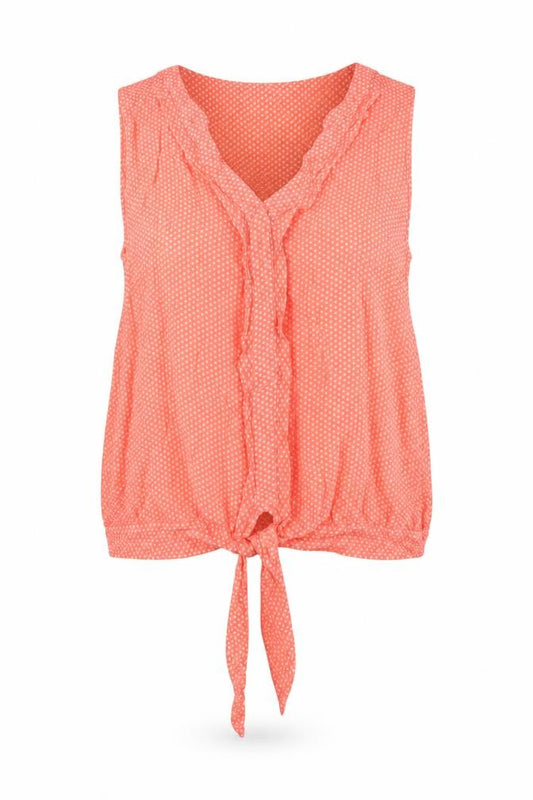 Front view of Next women’s orange polka dot viscose basic t-shirt, size UK 12, round neck