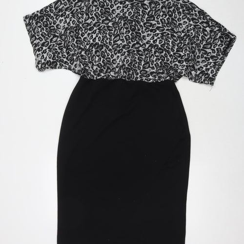 Quiz Womens Black Geometric Polyester A-Line Size 16 Round Neck Button - Glitter Detail