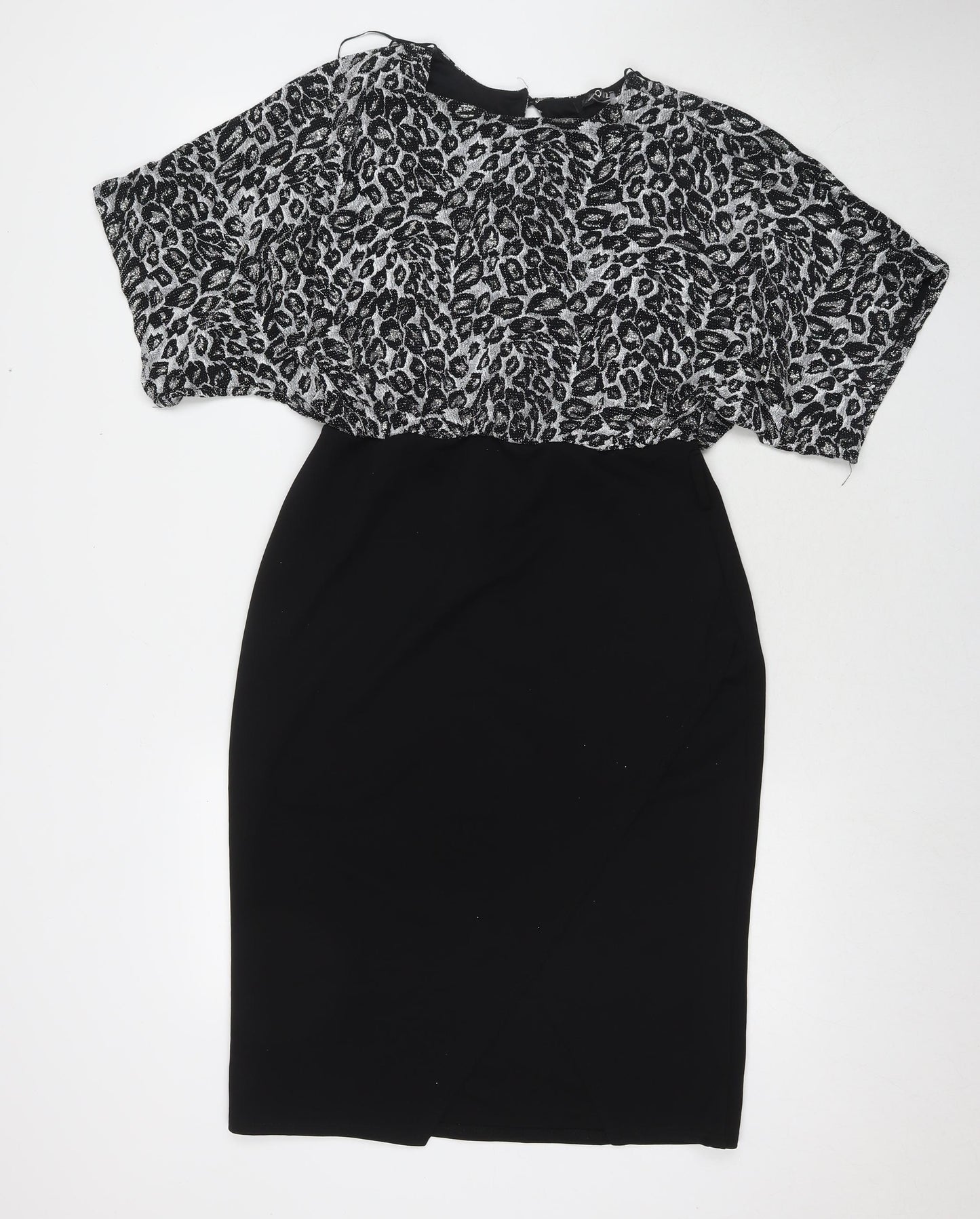 Quiz Womens Black Geometric Polyester A-Line Size 16 Round Neck Button - Glitter Detail