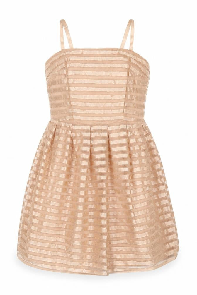 Front view of F&F women’s beige polyester fit & flare, size M, square neck pullover