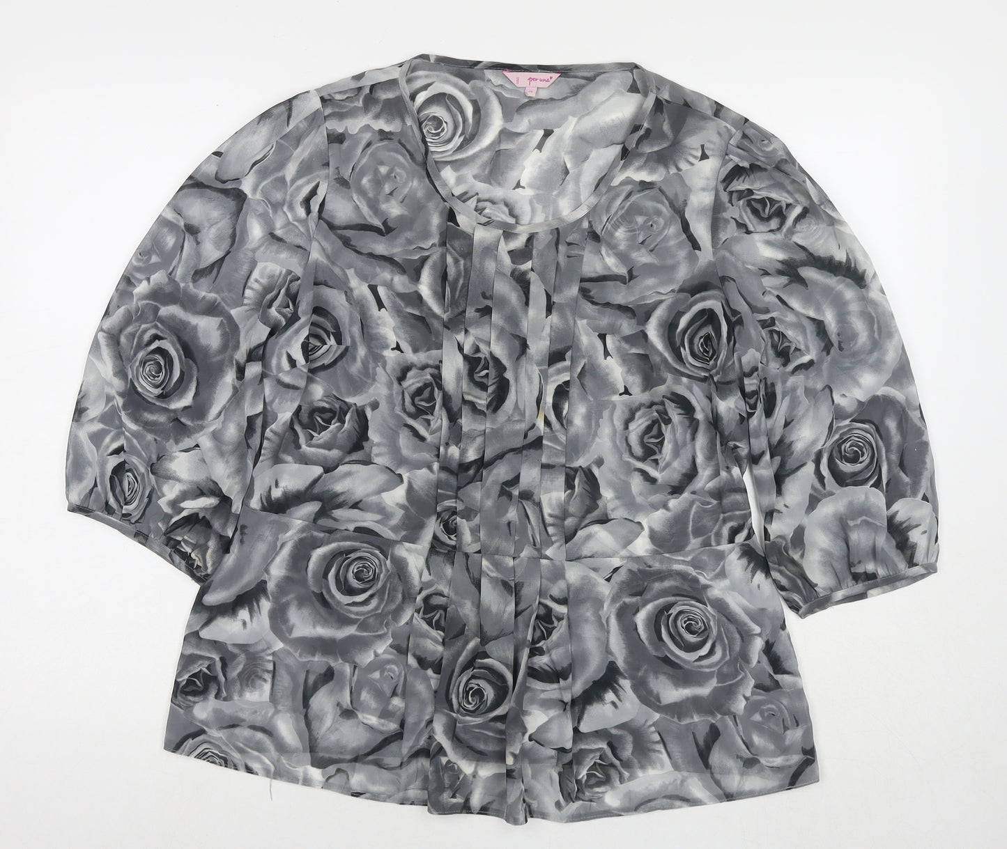 Per Una Womens Grey Floral Polyester Basic Blouse Size 16 Round Neck
