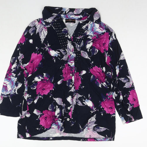 Anna Rose Womens Black Floral Viscose Basic Button-Up Size L Collared