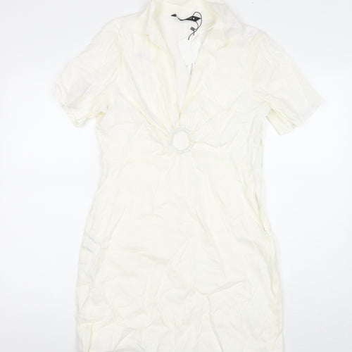 Zara Womens White Viscose T-Shirt Dress Size L Collared Zip