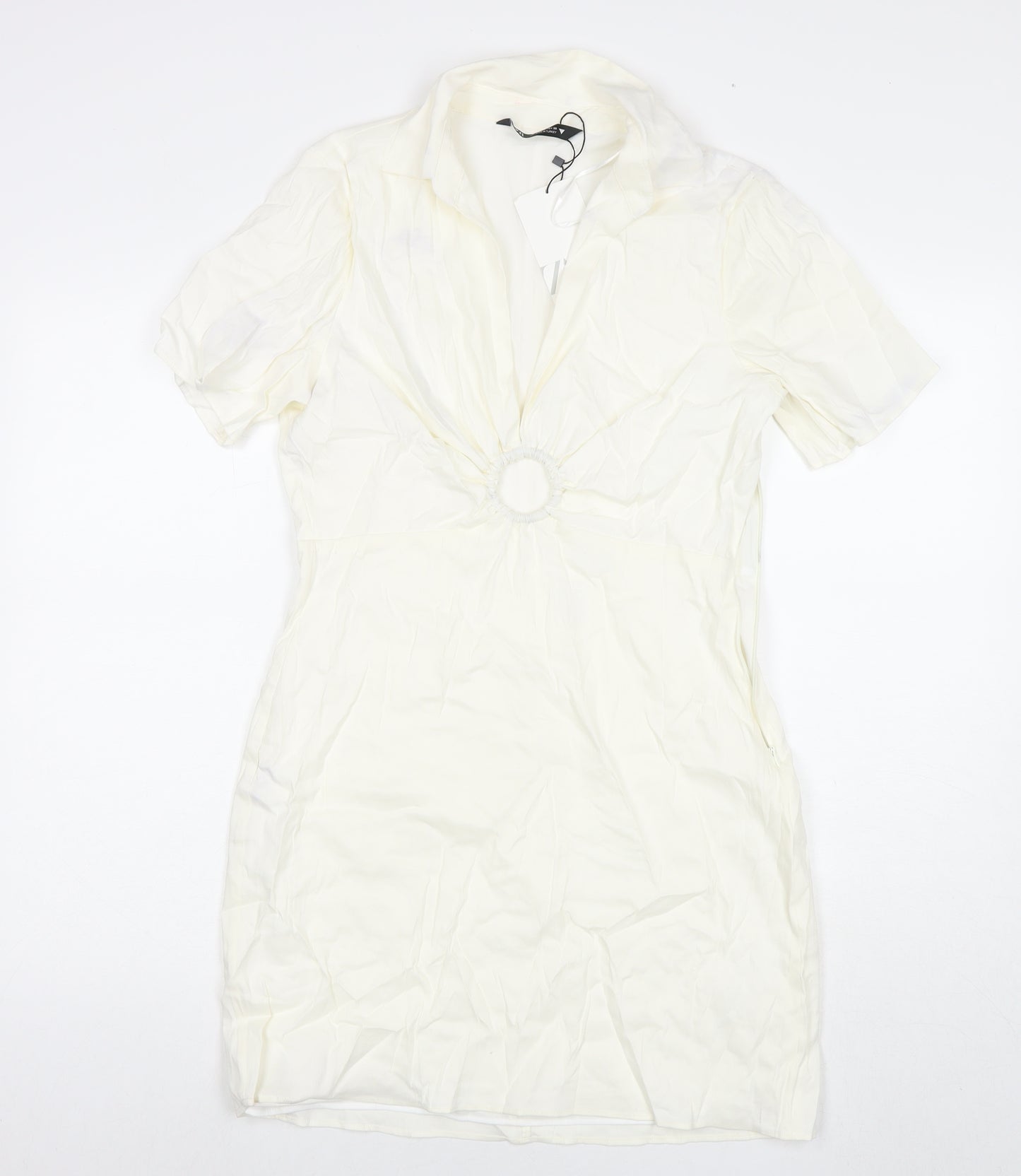 Zara Womens White Viscose T-Shirt Dress Size L Collared Zip