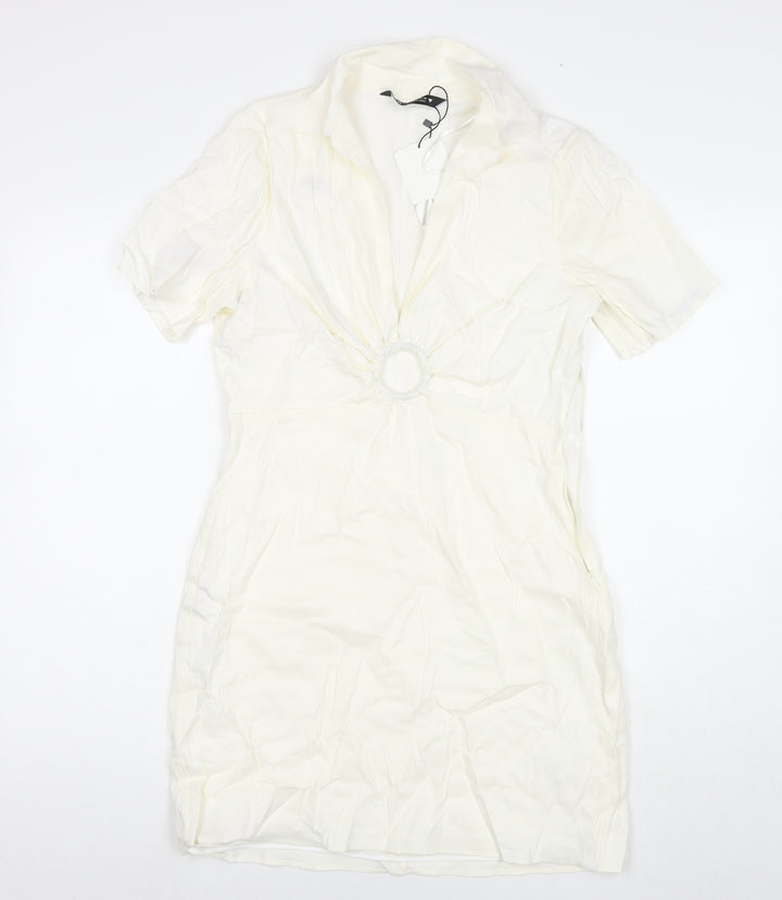 Zara Womens White Viscose T-Shirt Dress Size L Collared Zip