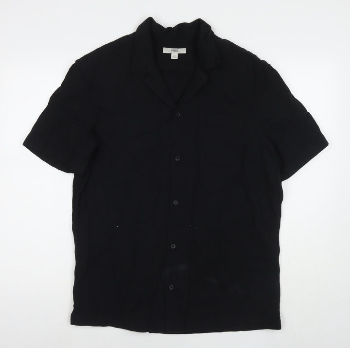 Marks and Spencer Womens Black Cotton Basic Button-Up Size L Collared