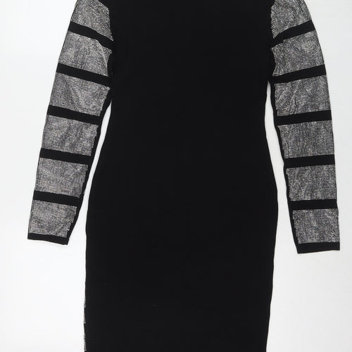 Allyson Womens Black Viscose Bodycon Size M Round Neck Pullover - Embellishment Detail