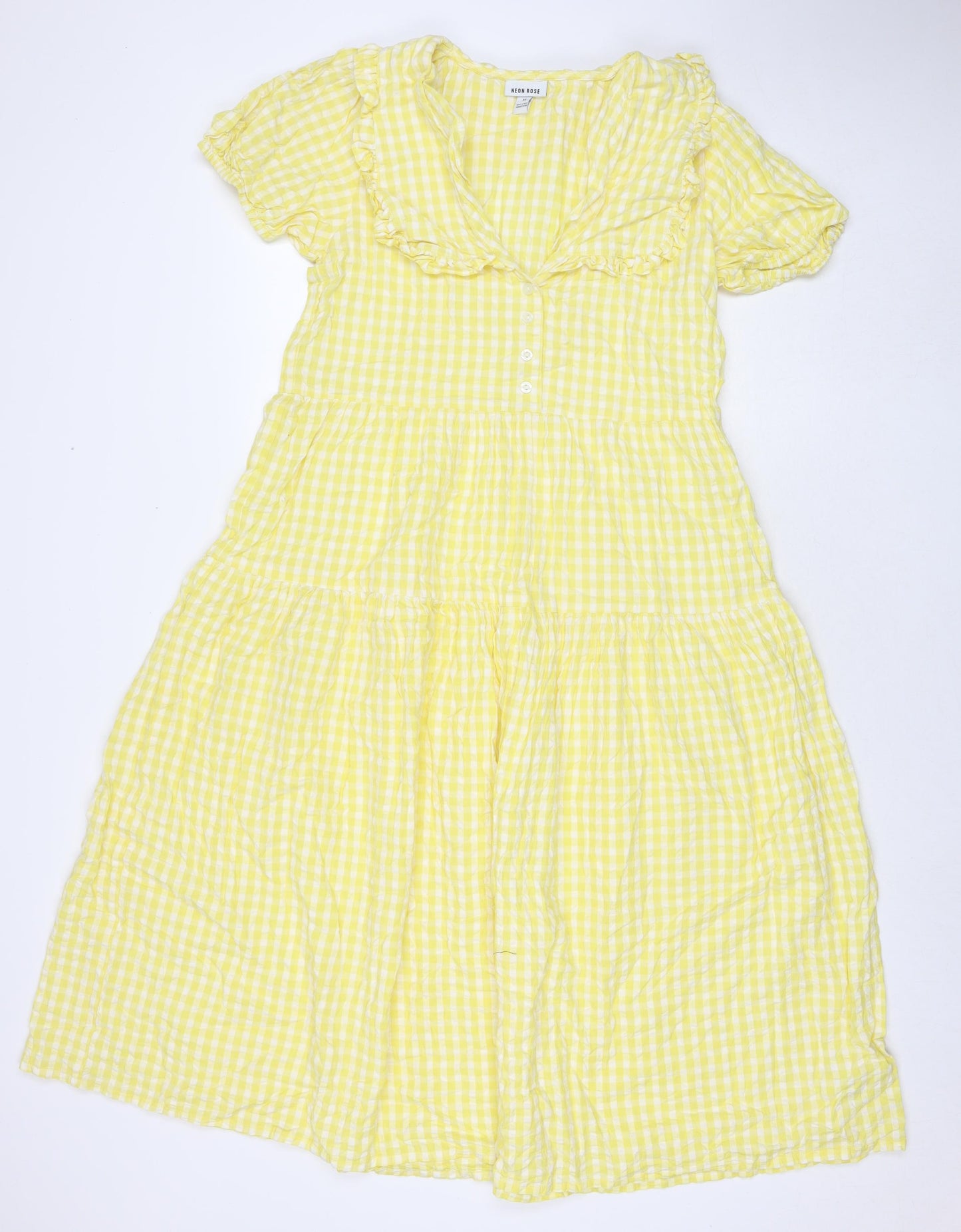 Neon Rose Womens Yellow Check Cotton Maxi Size XS V-Neck Button